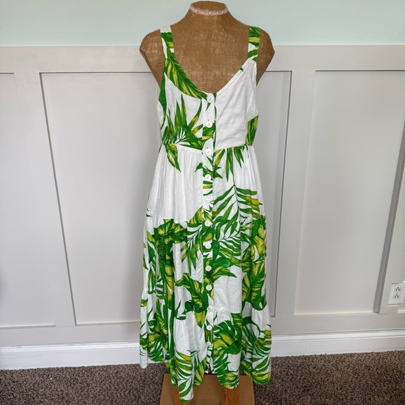 Women's Sleeveless Tropical Print Lined Linen Blend Dress Button Front Size MED - Picture 1 of 9